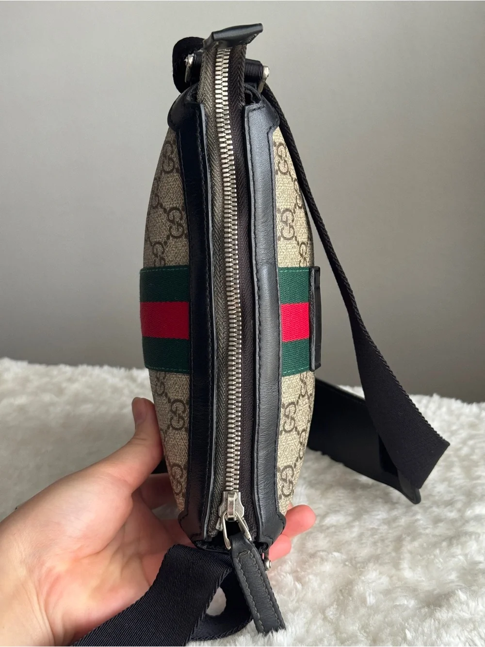 Gucci small Beige GG Canvas Messenger Bag with Green & Red Stripe